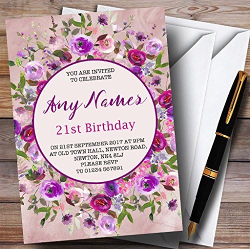 The Card Zoo ružičasti i ljubičasti akvarel cvjetni 21. pozivnici za personalizirane rođendane