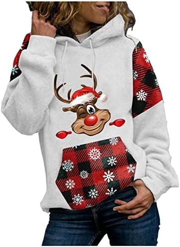 Žene Casual Božić kapuljačom džemper bijele labave meke duge rukave pulover Top bluza jedinstveni Božić karirani grafički Print duksevi Atletski duksevi za Božić dnevno