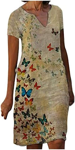 Ženske kratke rukave haljine modne cvijeće ispisano struk sandress haljina dužine koljena V-izrez