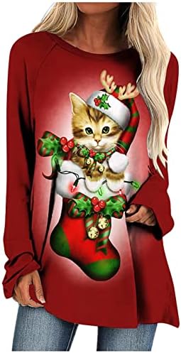 Ženska tunika vrhova božićna slatka mačka grafički casual labav dugi rukav okrugli pulover pulover, majica
