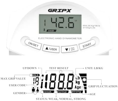 GRIPX Digitalni Ručni dinamometar mjerač snage prianjanja automatski snima elektronski Rukohvat snage 198lbs /