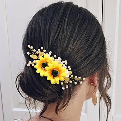Easedaily Sunflower Bride vjenčani češalj za kosu zlatni list Kristal Bridal hair Piece Pearl Hair Accessories za žene i djevojčice