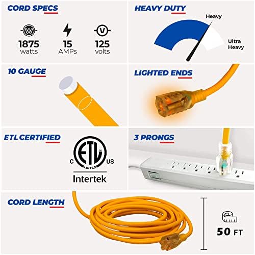 50 ft produžni kabel vanjski i unutarnji teški teški 10 mjerača / 3 prong sjtw osvijetljena krajnja