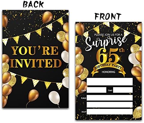 Iznenađenje 65. rođendani pozivnice sa kovertama | 4 X6 pozivnice za crne i zlatne rođendane | Ispunite stil