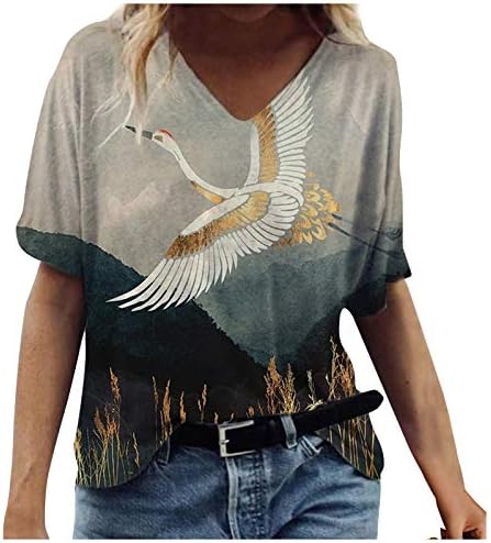 Ženska ljetna modna majica šarena slika životinjski cvjetni grafički vrhovi V izrez kratke bluze