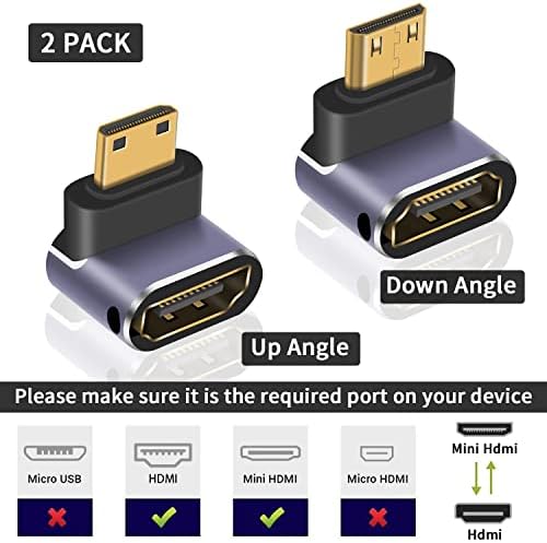 Poyiccot Mini HDMI do HDMI adapter 8K, gore i dolje Kutni mini HDMI muški do HDMI ženski adapter 8K 4K HDR 3D 48Gbps Mini HDMI adapter kompatibilan sa kamerom, maline PI, 2pack