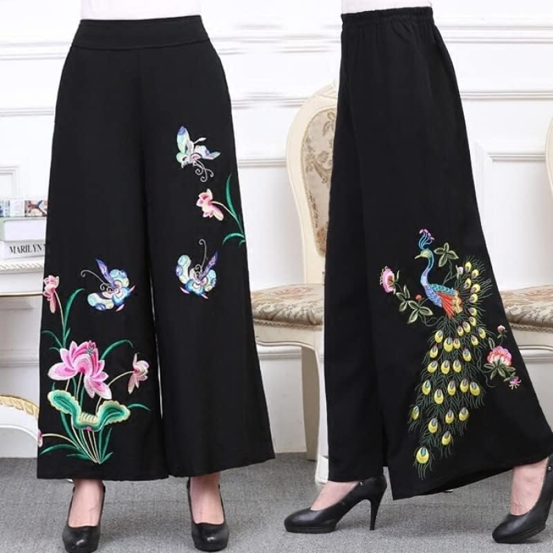Vezene duge hlače Proljeće Ljeto pamučne posteljine folk-prilagođene stare žene široko-noge hlače