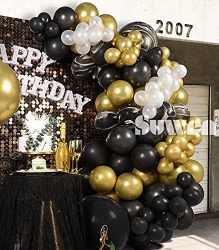 Suwen 164pcs DIY crni i zlatni balon Garland Arch Kit za muškarce Crni lateks i zlatni metalik hromirani