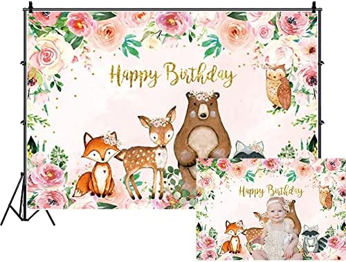 Renaiss 5x3ft Sretan rođendan Baby tuš pozadina slatka šumska životinja s ružičastom narančastom