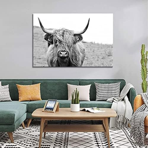 Crno-bijeli uokvireni priroda štampa zid Art životinje Poster veliki Highland krava Vintage platno