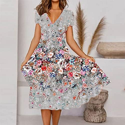 Nokmopo slatke haljine za žene kratki rukav ljetni casual modni cvjetni ispis kratkih rukava V-izrez ljuljačka