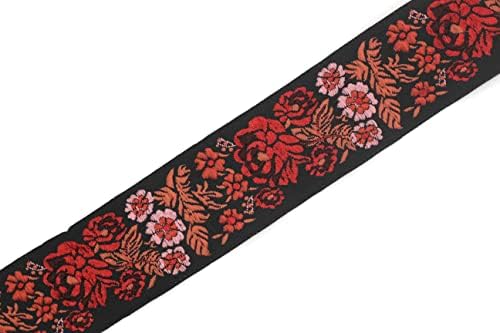 11 Dvorodno kalem 1,37 inča široko crvena / crna cvjetna vezena vrpca vintage jacquard cvjetna