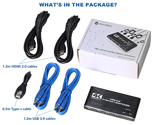 KVM Switch HDMI Box 4K 60Hz, Mikeric USB Switch 2 računara, HDMI kablovi i USB kablovi 2 paket 4ft uključeni,