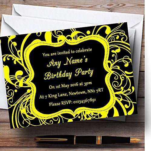 Crno-žute vrtložne deko personalizirane pozivnice za rođendan
