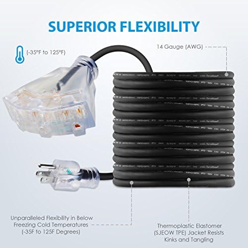 TerraBlabloom 50/3 Vanjski produžni kabel - Sjeouma guma, fleksibilna, trostruka izlazna, crna žica