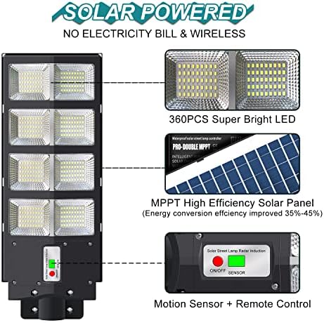 CONHOO 500W solarna ulična svjetlost na otvorenom, 360 LED sumrak za zoru Vanjska rasvjeta, IP65 vodootporna LED