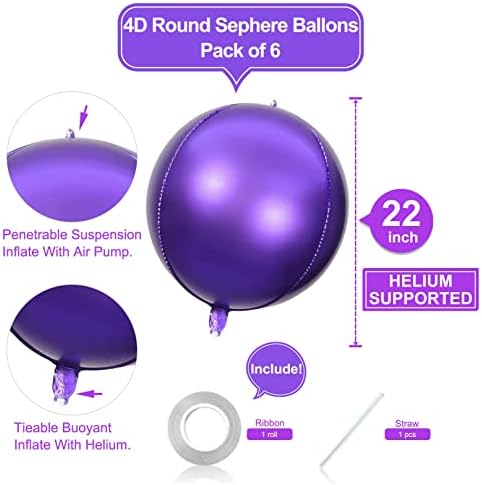 6 pakovanje Purple 22 inča 4D folije Balloons Big 360 stupnjeva okrugla SPEHERE Mylar Balloons