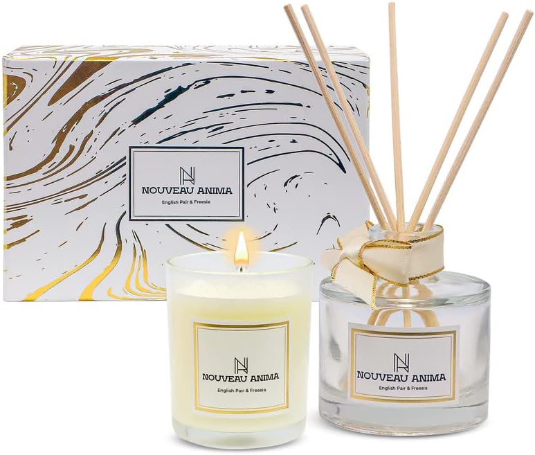 Nouveau Anima Reed Difuzor i mirisni luksuzni poklon set, mirisni difuzor i sojine voske svijeće u prirodnim