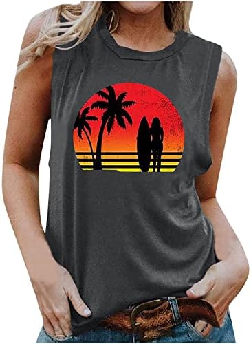 Sun Coconut Tree Sunset Grafički cisterna Vrh za žene tiskane majice bez rukava bez rukava