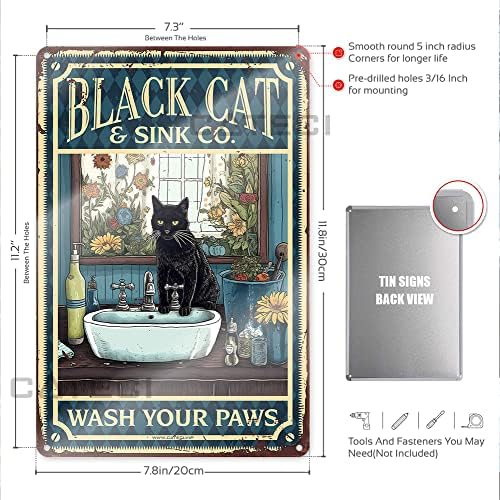 Whimbical Crna mačka pere šape vintage metalni znak, jedinstveni zidni dekor za kupatilo i ured | Smiješna
