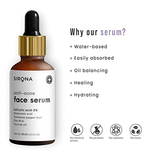 Sirona 2% Serum za lice salicilne kiseline Open Pores-30 ml / smanjuje višak ulja i neravnu teksturu / sa Tee Tree uljem | hijaluronskom kiselinom i vitaminom E