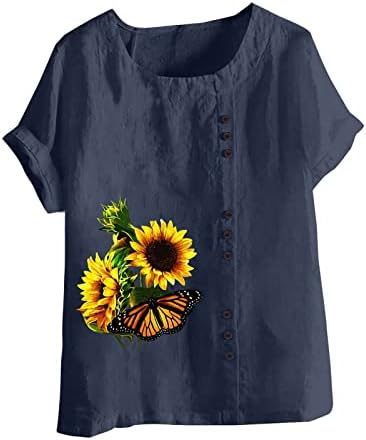 Suncokretove grafičke majice za žene pamučna lanena košulja labavi kroj kratki rukavi Crewneck Casual