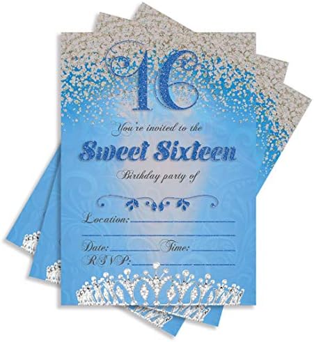 Sweet 16 šesnaest rođendana dvostrano plavi pozivnici, set od 25 5x7 djevojčica 16. rođendana uključuju