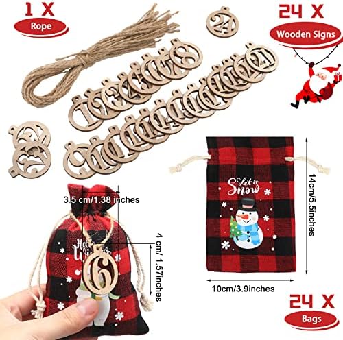24 komada Božić Advent Calendar torbe, 24 dana kalendar odbrojavanja drvene male torbe od Burlap