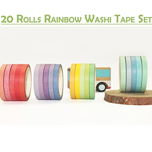 20 Rolls Washi Tape Set, Rainbow Washi Tape šarena maskirna traka širine 7,5 mm, tanka dekorativna traka za Bullet