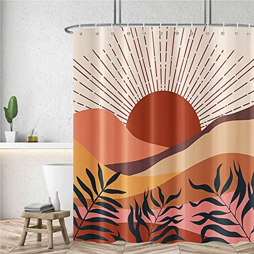 Arrebolart Mid Century Boho Shower Curtain 72×72 inch Modern Abstract Mountain Minimalist Geometric Sunset
