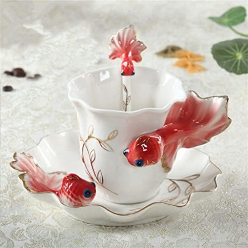 N / A Goldfish Enamel šalica za kavu sa tanjirom kašikom Hadmade keramičke čajne mliječne krigle