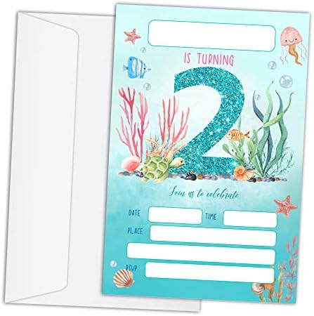 RLCNOT kartice za rođendan sa koverte od 20 - okeana pod morem 2. rođendana pozivnice za djecu,