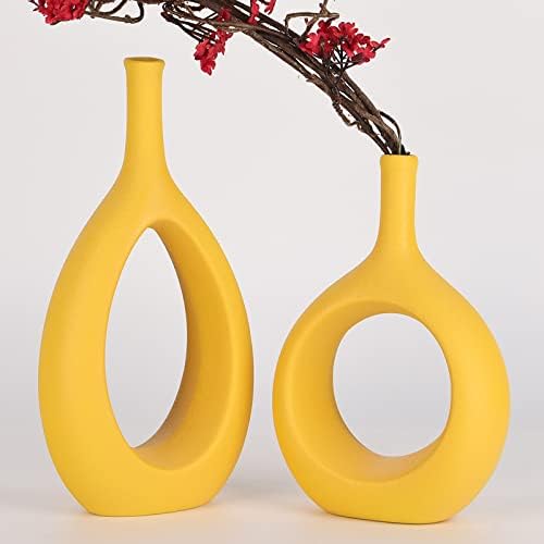 Žuta keramička šuplja eliptična vaza set od 2 - boho krug vaze s rupom, za modernog žutog dekora