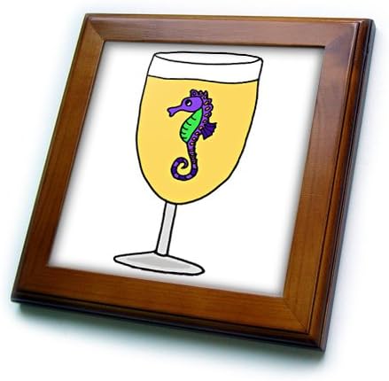 3drose Funny Seahorse u čaši za vino uokvirena pločica, 6 x 6