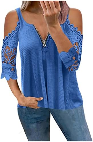 Ljetni tunički vrhovi za žene hladno rame Zip V izrez T majica čipka u šupljim rukavima bluze