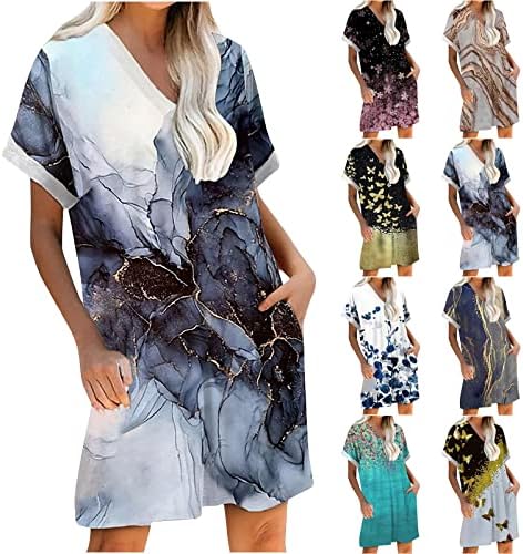 HOXINE Ljetne haljine za žene 2022 casual v izrez kratki rukav Tunik haljina modni mramorni print