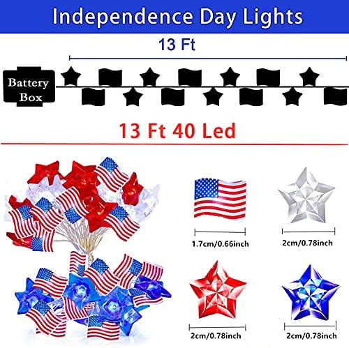 Gdithy svjetla za dekoracije 4. jula, 13ft 40 LED-ova crvena bijela Bule zvijezde i žičana svjetla