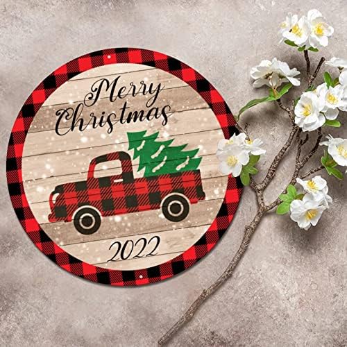 Sretan božićni snijeg i crveni kamion Vintage okrugli metalni znak plaque krug metalna umjetnost otisci