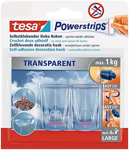 Tesa Powerstrips 58813-00000-00 4x velike prozirne ljepljive pruge i 2x l prozirne kuke