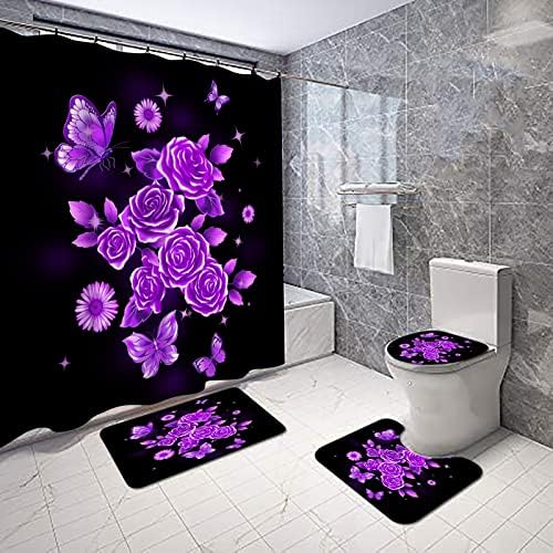 Ouelegent 4pcs ljubičasta cvijeća za zavjese od klizanja ruža leptir tratinčica u noćnoj kupaonici Dekor blistavo romantična rustikalna cvjetna kada za zavjese s neklizajućim prostirkom toalet poklopca poklopca poklopca i prostirke za kupanje