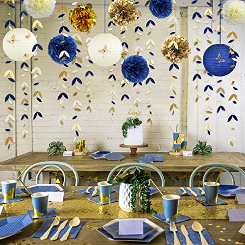 Mornarsko plava i zlatna zabavna dekoracija Komplet Flowers Pom Pom s šampanjcem Zlatne 3D leptir naljepnice