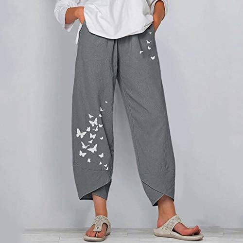 Capri pantalone za žene pamučne posteljine široke noge Capris ljetni leptir cvjetni print plažu
