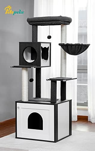PETEPELA drveni mačji toranj moderno mačje drvo sa ormarom za odlaganje kutija za otpatke i prostranim stanom za mačke, velikim gornjim Smuđom i Visećom mrežom, sisalom prekrivenim grebanjem za mačke Crne