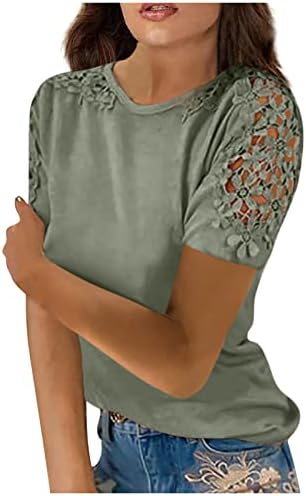 UQRZAU ženske majice Casual modne čipke šuplje pune boje okrugli vrat kratki rukav majice vrhovi Casual