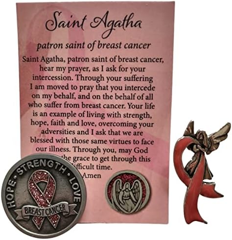Molitveni Token za rak dojke sa molitvenom karticom zaštitnika Agate i Pink trakastom iglom za rever