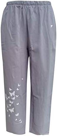 Capri pantalone za žene pamučne posteljine široke noge Capris ljetni leptir cvjetni print