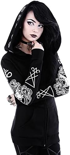 Gotske dukseve za žene Zip up plus veličina grafička jakna s kapuljačom Halloween punk goth ulična