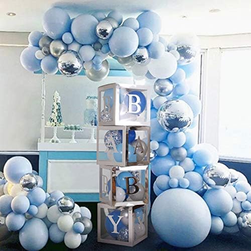 Dekoracije za bebe za dječake, srebrne prozirne kutije uključuju 45pcs baby plave srebrne sive balone