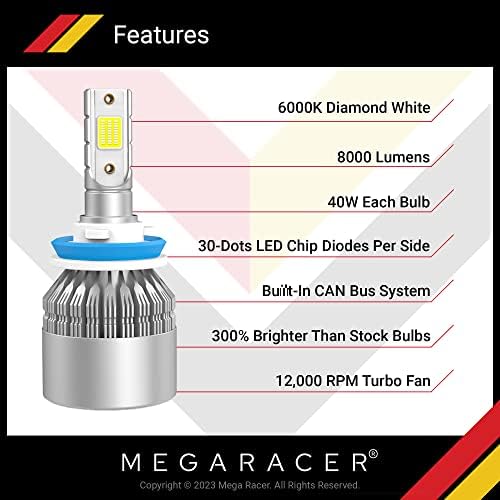 Mega Racer H11/H8/H9 / H16 LED Sijalice-6000k Dijamantno Bijela, 12v 40W 8000 lumena, LED čipovi vrhunskog kvaliteta,