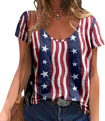 Patriotske majice za žene Američka zastava Ljeto kratki rukav V-izrez T-majica Stripes Stars Loose Fit Ležerne